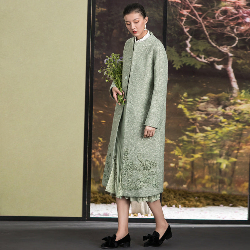 Mode hellgrüne Wolloberbekleidung trendige Plus-Size-Stehkragen-Winterjacken Stickerei Damenmäntel