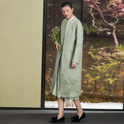 Mode hellgrüne Wolloberbekleidung trendige Plus-Size-Stehkragen-Winterjacken Stickerei Damenmäntel