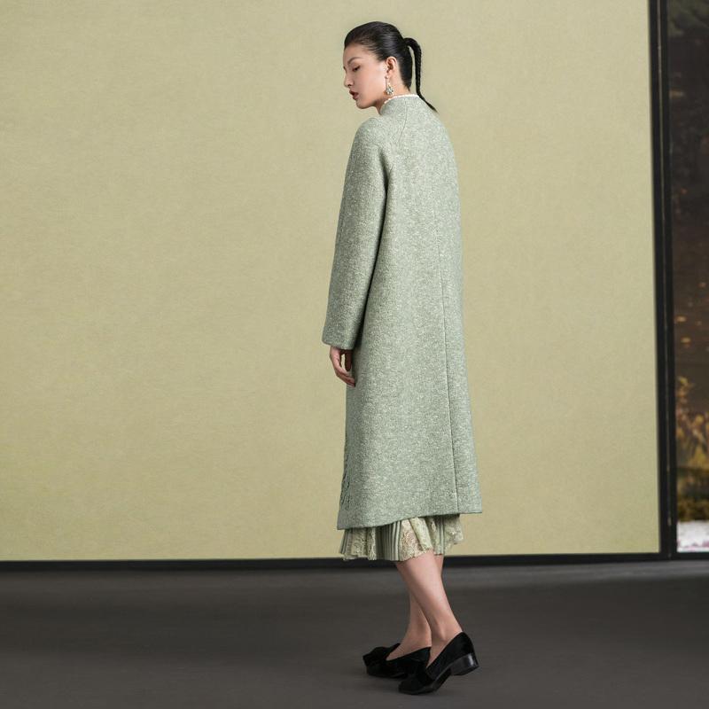 Mode hellgrüne Wolloberbekleidung trendige Plus-Size-Stehkragen-Winterjacken Stickerei Damenmäntel