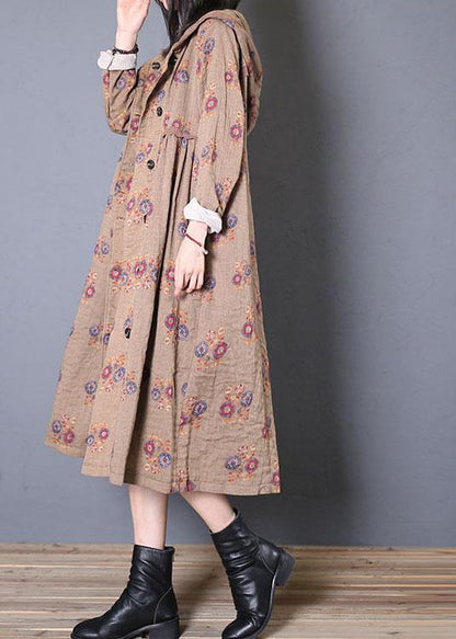 Fashion oversized coat fall khaki print hooded Cinched Coats - SooLinen