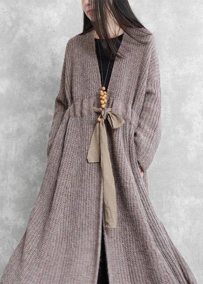 Fashion oversized long winter coat dark gray v neck drawstring wool coat for woman - SooLinen