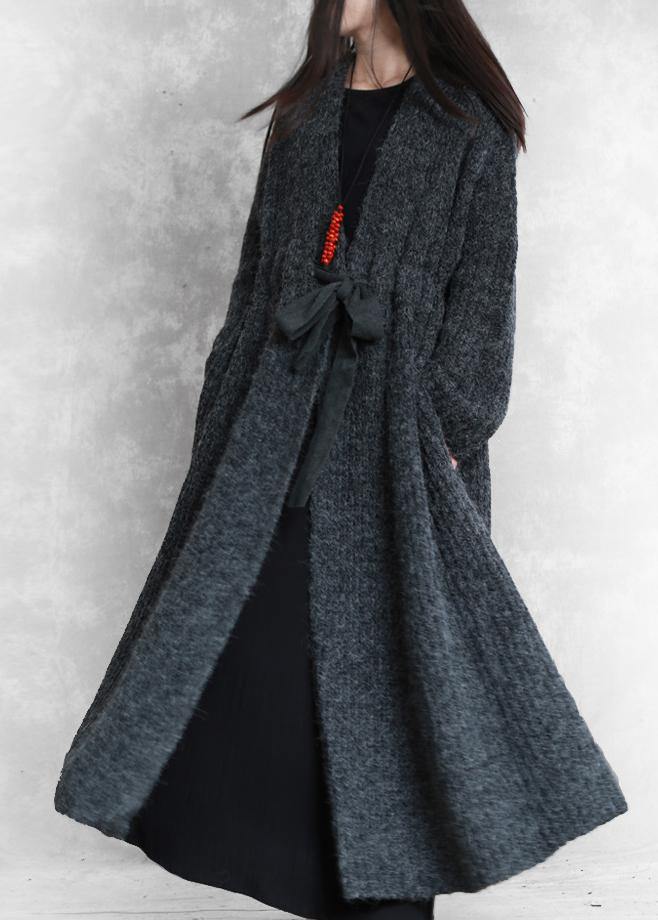 Fashion oversized long winter coat dark gray v neck drawstring wool coat for woman - SooLinen