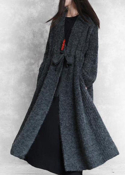 Fashion oversized long winter coat dark gray v neck drawstring wool coat for woman - SooLinen