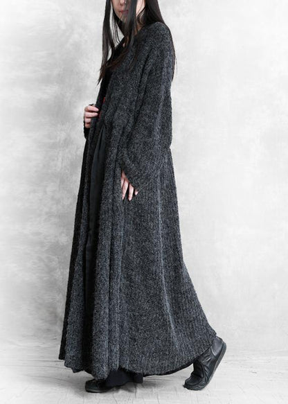 Fashion oversized long winter coat dark gray v neck drawstring wool coat for woman - SooLinen