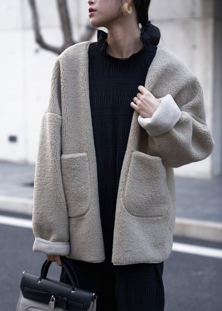 Fashion plus size clothing coats women coats nude v neck pockets woolen overcoat - SooLinen