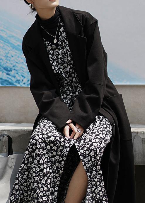 Fashion plus size long coat woolen outwear black Notched tie waist coats - SooLinen