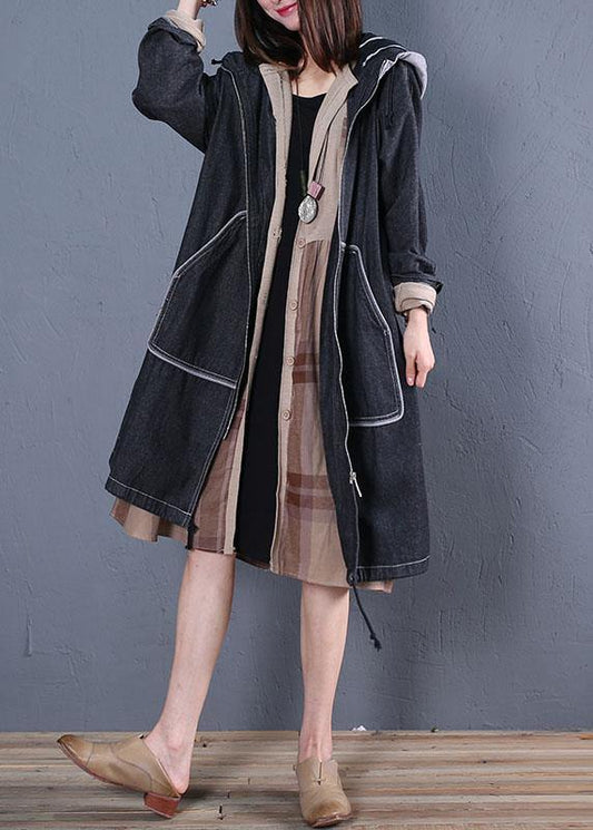 Fashion plus size trench coat fall black hooded overcoat - SooLinen