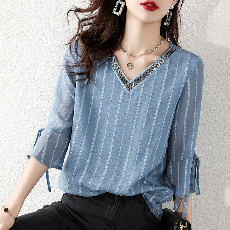 Fashion sky blue Pailletten V-Ausschnitt Jacquard Chiffon Shirt Halbarm