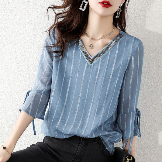 Fashion sky blue Pailletten V-Ausschnitt Jacquard Chiffon Shirt Halbarm