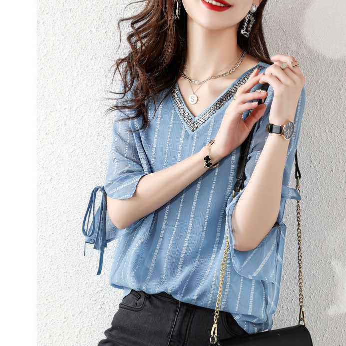 Fashion sky blue Pailletten V-Ausschnitt Jacquard Chiffon Shirt Halbarm