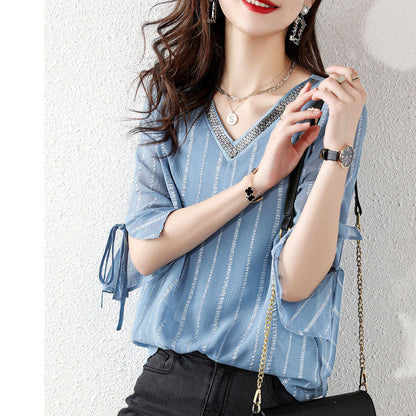 Fashion sky blue Pailletten V-Ausschnitt Jacquard Chiffon Shirt Halbarm