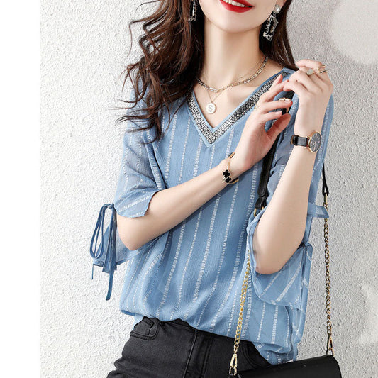 Fashion sky blue Pailletten V-Ausschnitt Jacquard Chiffon Shirt Halbarm