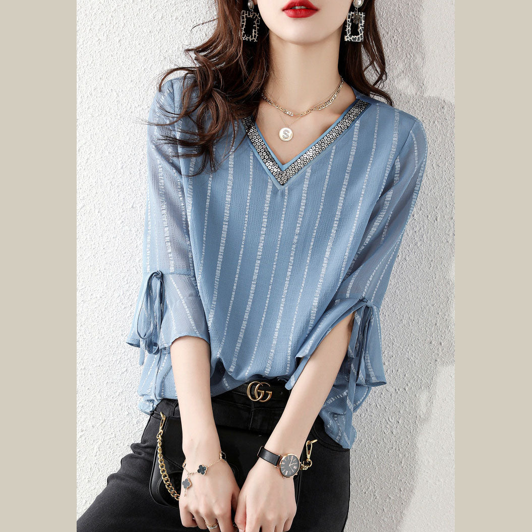 Fashion sky blue Pailletten V-Ausschnitt Jacquard Chiffon Shirt Halbarm