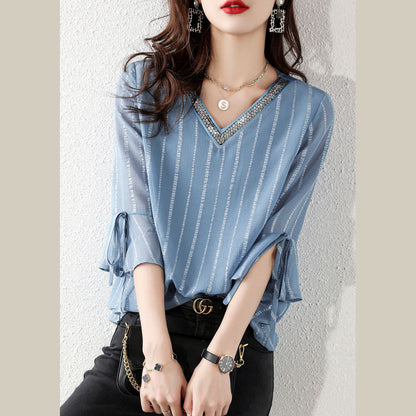 Fashion sky blue Pailletten V-Ausschnitt Jacquard Chiffon Shirt Halbarm