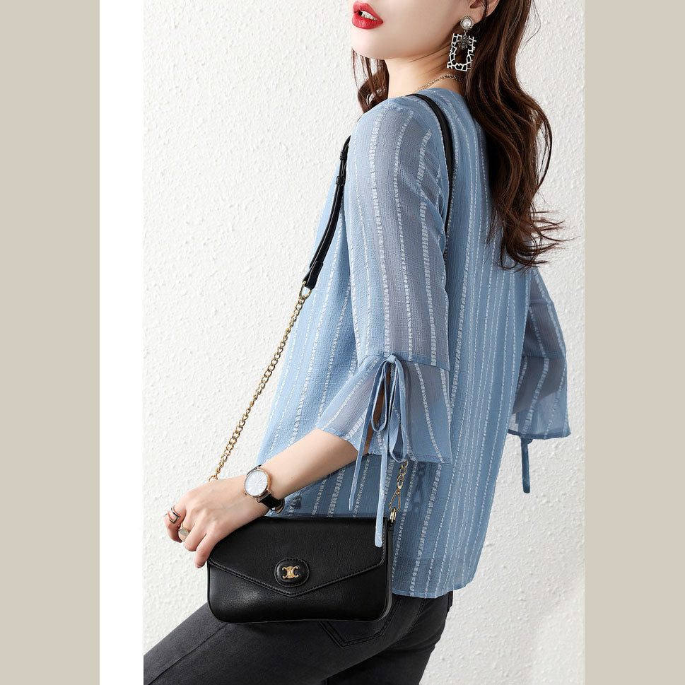 Fashion sky blue Pailletten V-Ausschnitt Jacquard Chiffon Shirt Halbarm