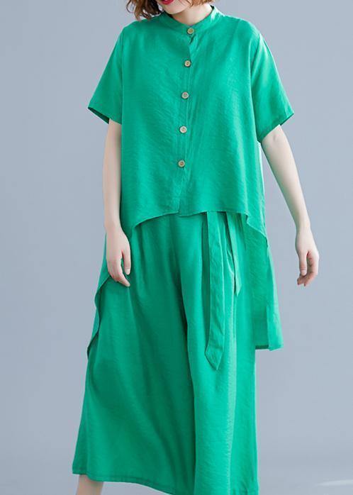 Fashion suit irregular short-sleeved shirt + elastic waist straps wide-leg pants silk green summer - SooLinen