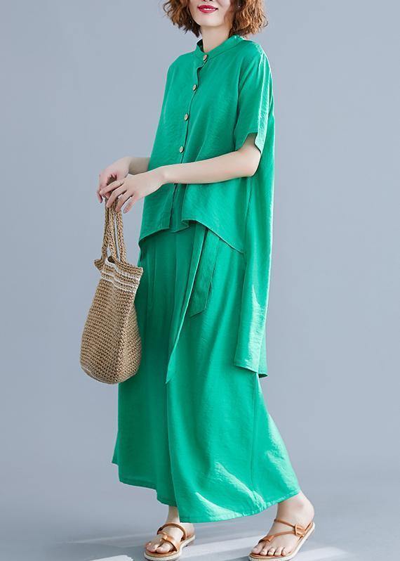 Fashion suit irregular short-sleeved shirt + elastic waist straps wide-leg pants silk green summer - SooLinen