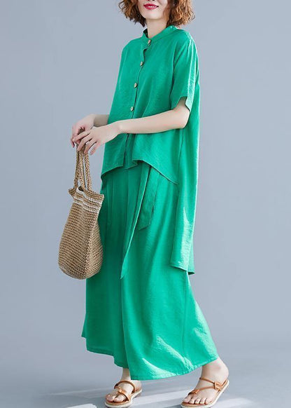 Fashion suit irregular short-sleeved shirt + elastic waist straps wide-leg pants silk green summer - SooLinen