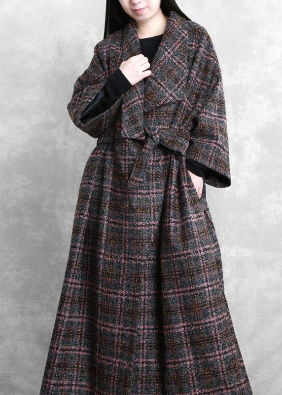 Fashion trendy plus size women coats gray plaid tie waist pockets wool coat - SooLinen