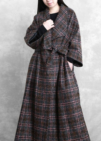 Fashion trendy plus size women coats gray plaid tie waist pockets wool coat - SooLinen