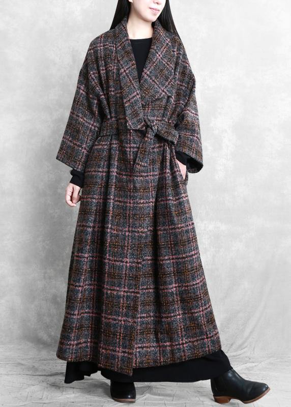 Fashion trendy plus size women coats gray plaid tie waist pockets wool coat - SooLinen