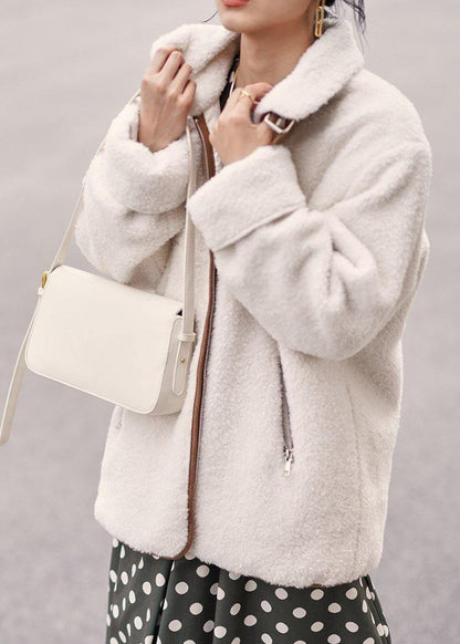 Fashion white wool coat for woman Loose fitting coats zippered lapel jackets - SooLinen