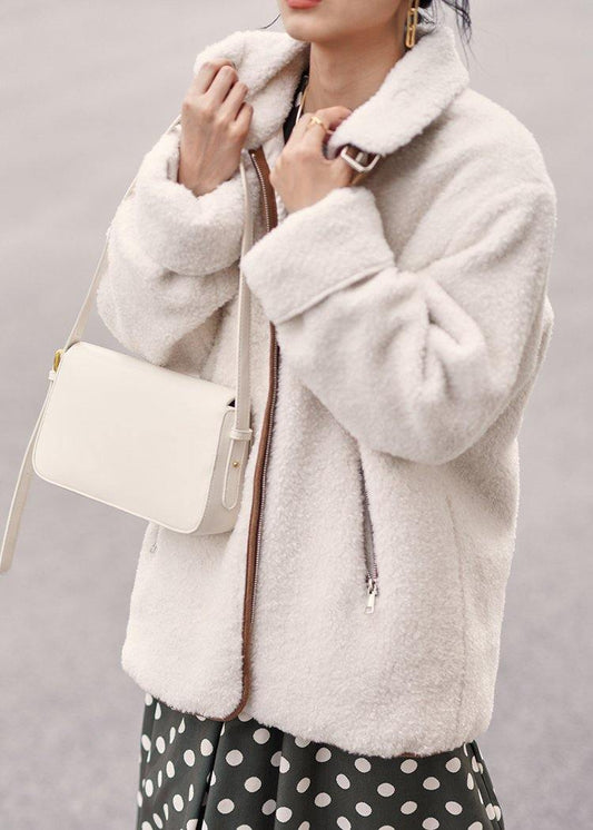 Fashion white wool coat for woman Loose fitting coats zippered lapel jackets - SooLinen