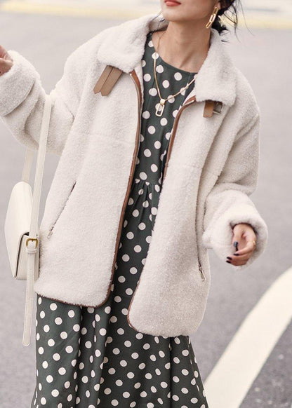 Fashion white wool coat for woman Loose fitting coats zippered lapel jackets - SooLinen