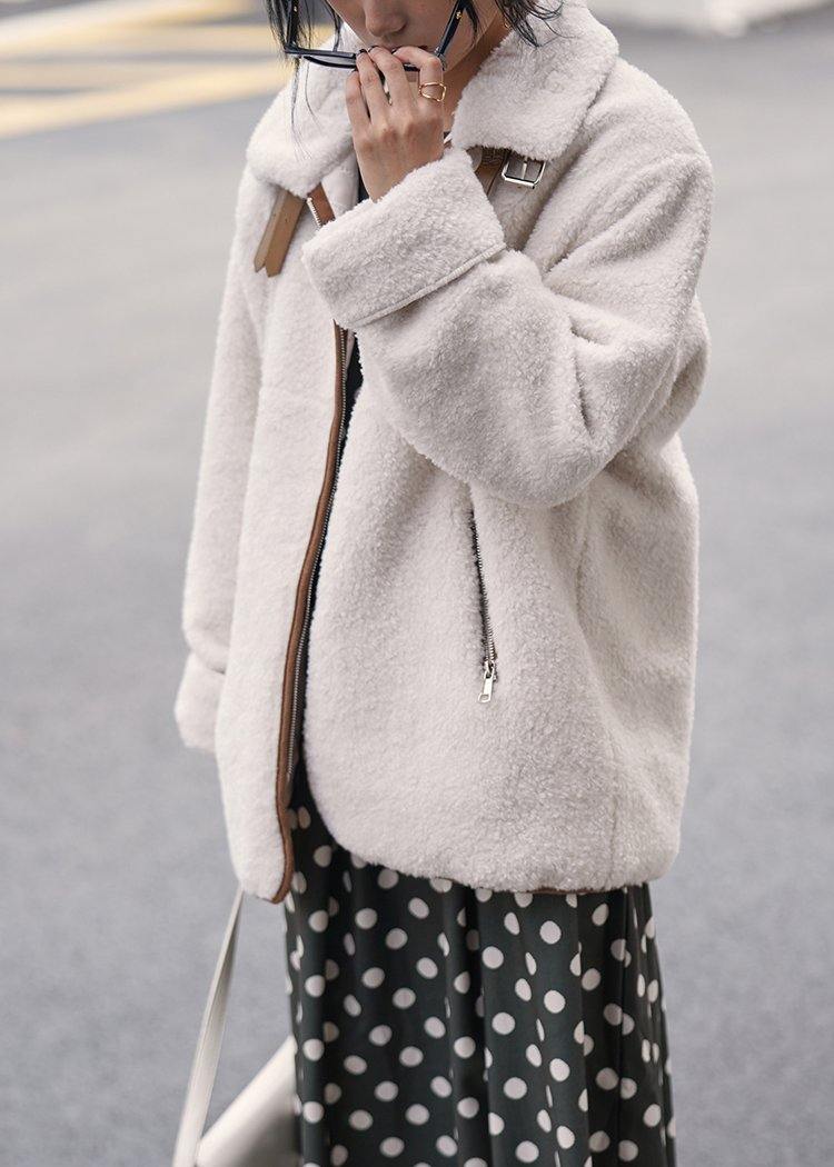 Fashion white wool coat for woman Loose fitting coats zippered lapel jackets - SooLinen