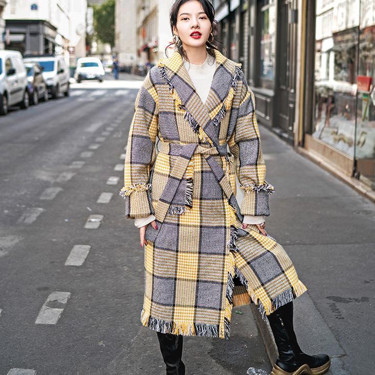 Mode gelb Plaid mäntel casual Kerb outwear 2018 taschen quaste Mäntel