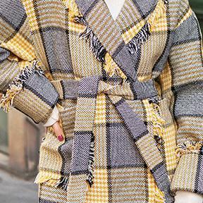Mode gelb Plaid mäntel casual Kerb outwear 2018 taschen quaste Mäntel