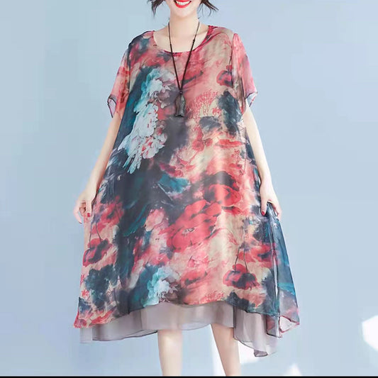 Mode Rot Drucke Chiffon Etuikleider Übergröße Chiffon Kleidung Kleider Frauen Halbarm Asymmetrischer Saum Baumwolle Kleidung