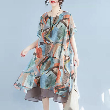 Mode Rot Drucke Chiffon Etuikleider Übergröße Chiffon Kleidung Kleider Frauen Halbarm Asymmetrischer Saum Baumwolle Kleidung