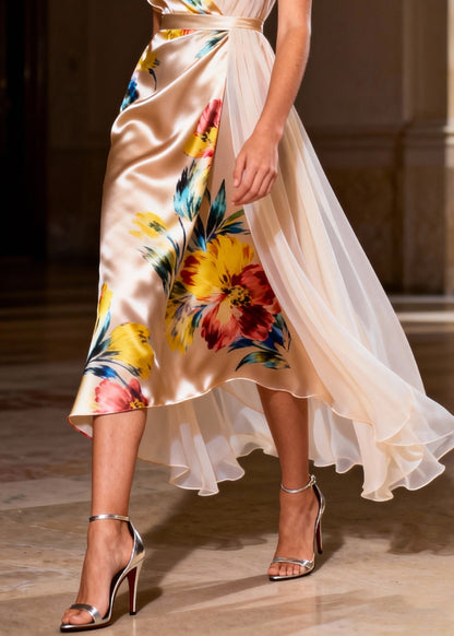 Fine Apricot Asymmetrical Patchwork Tulle Silk Vestidos Dresses Summer