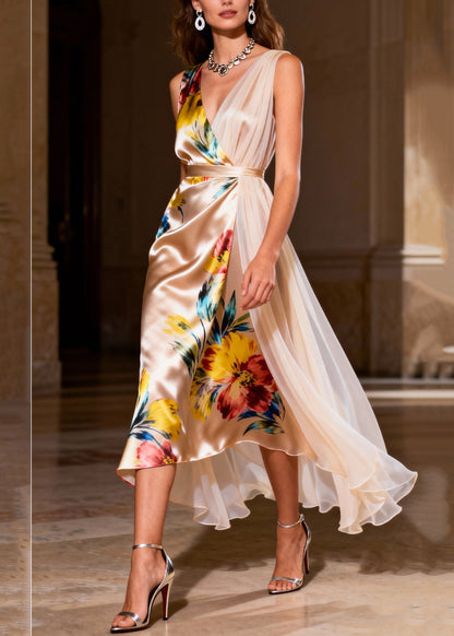 Fine Apricot Asymmetrical Patchwork Tulle Silk Vestidos Dresses Summer