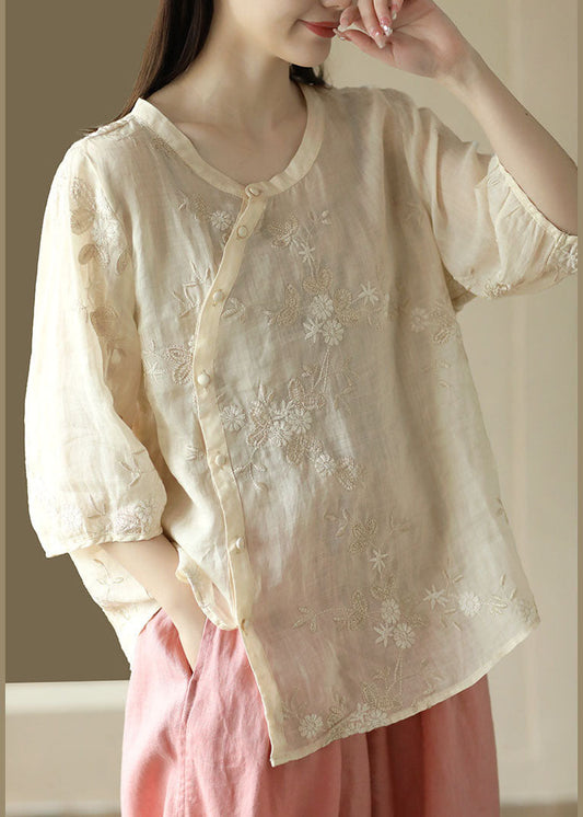 Top de lino con patchwork y botones bordados en color albaricoque fino para verano