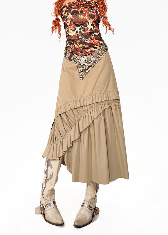 Fine Apricot Ruffled High Waist A Line Skirt Summer