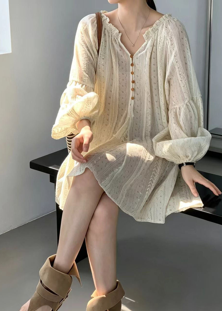 Fine Apricot Wrinkled V Neck Oversized Print Cotton Mini Dress Summer
