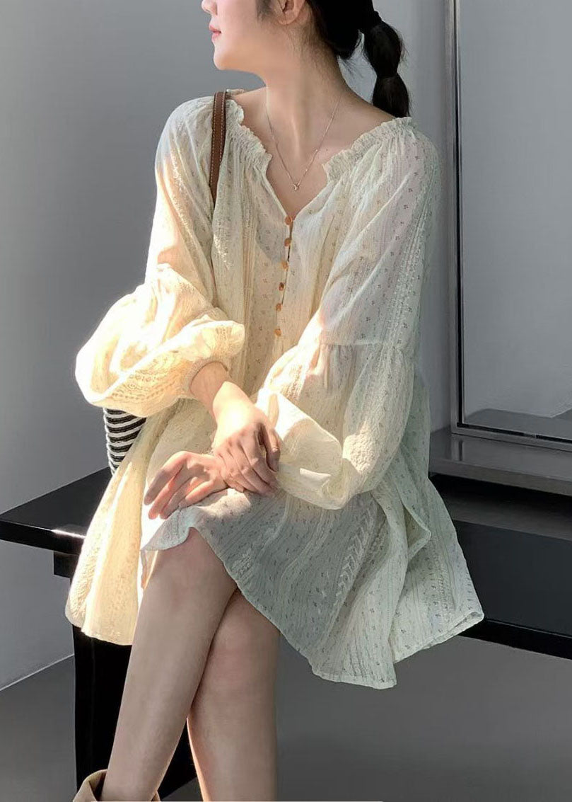 Fine Apricot Wrinkled V Neck Oversized Print Cotton Mini Dress Summer