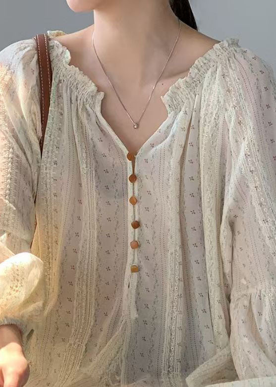 Fine Apricot Wrinkled V Neck Oversized Print Cotton Mini Dress Summer