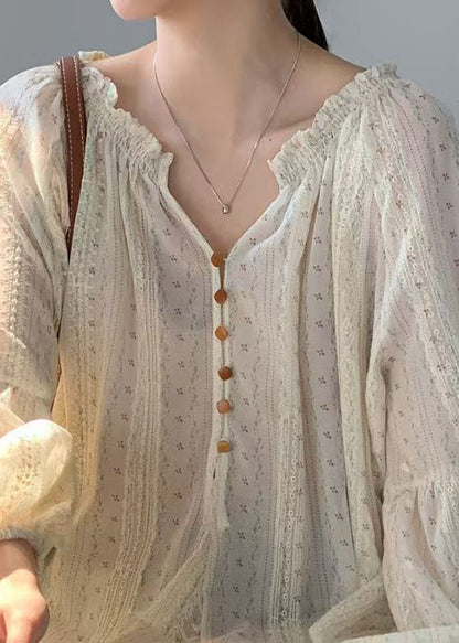 Fine Apricot Wrinkled V Neck Oversized Print Cotton Mini Dress Summer