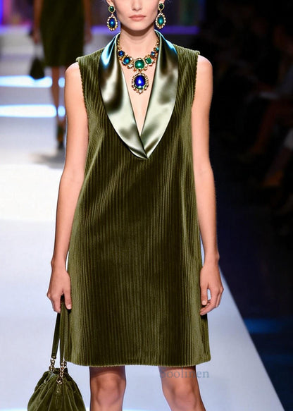 Fine Army Green V Neck Patchwork Corduroy Shift Dresses Sleeveless