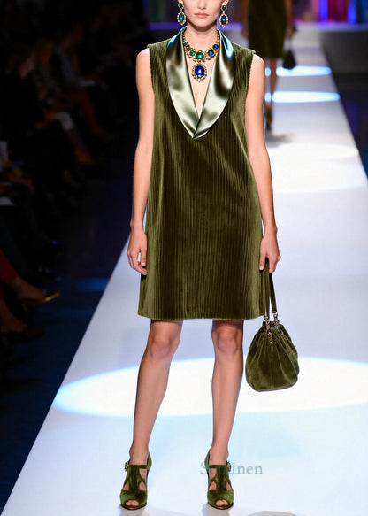Fine Army Green V Neck Patchwork Corduroy Shift Dresses Sleeveless