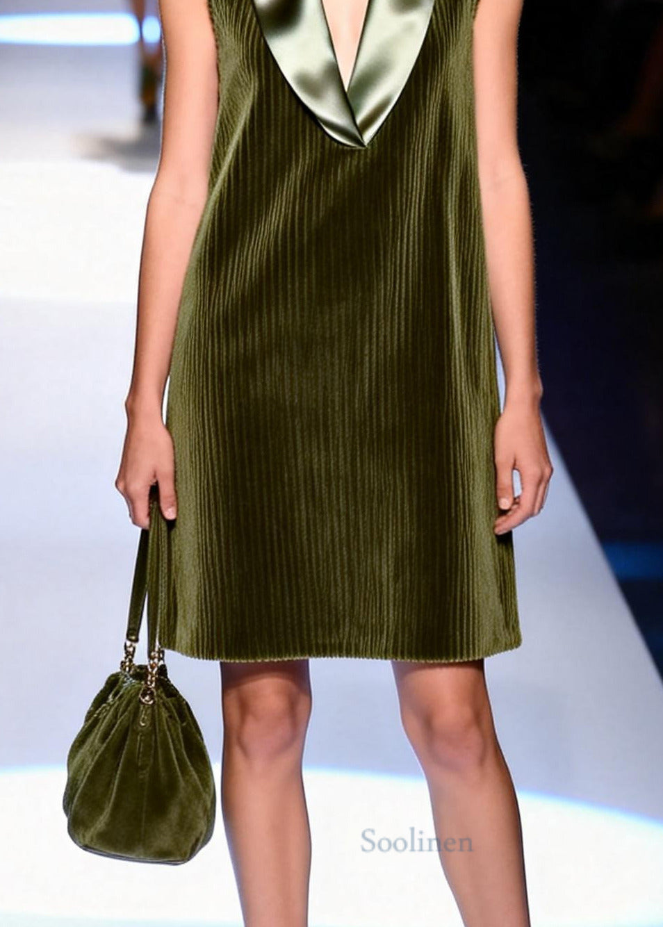 Fine Army Green V Neck Patchwork Corduroy Shift Dresses Sleeveless