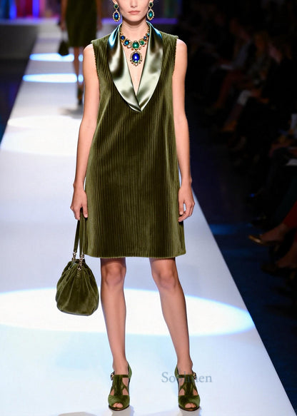Fine Army Green V Neck Patchwork Corduroy Shift Dresses Sleeveless
