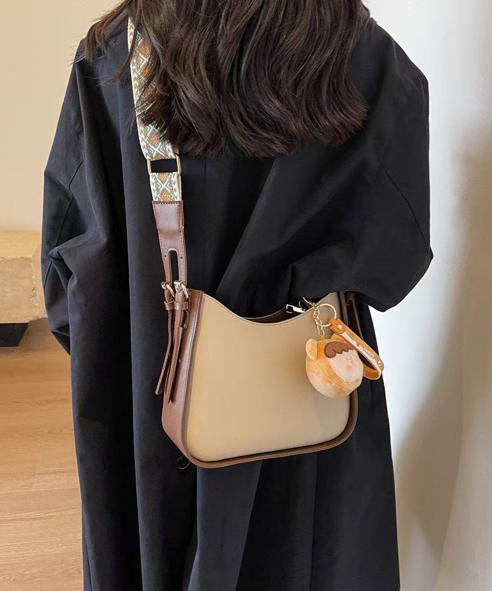 Fine Beige Fuzzy Ball Decorated Faux Leather Messenger Bag