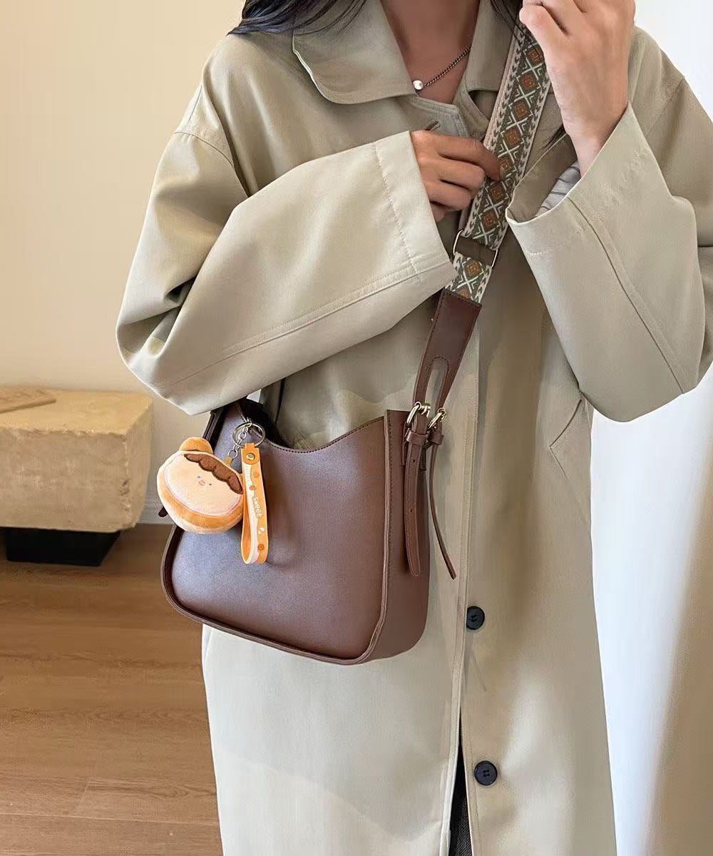 Fine Beige Fuzzy Ball Decorated Faux Leather Messenger Bag