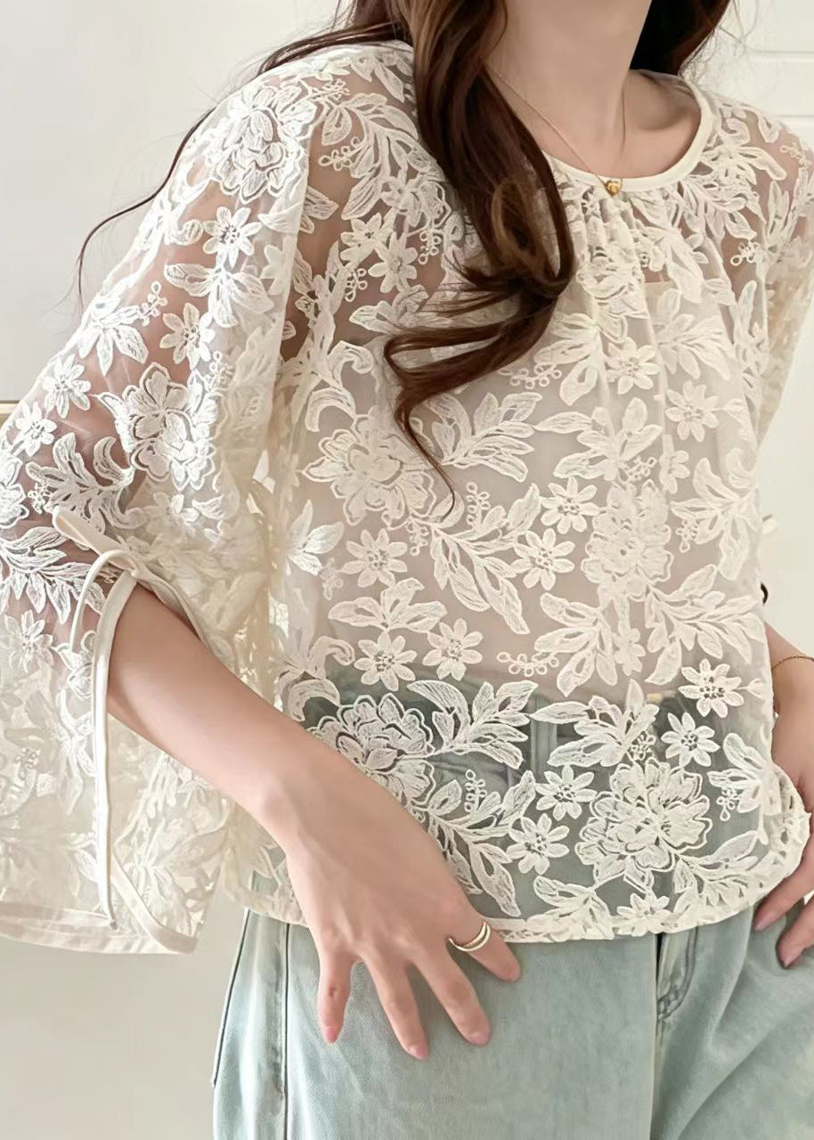 Fine Beige O-Neck Lace UPF 50+ Top Summer