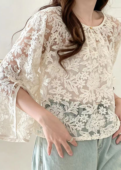 Fine Beige O-Neck Lace UPF 50+ Top Summer