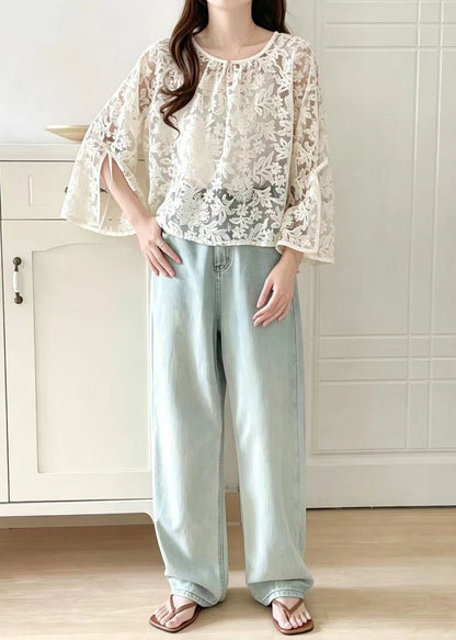 Fine Beige O-Neck Lace UPF 50+ Top Summer